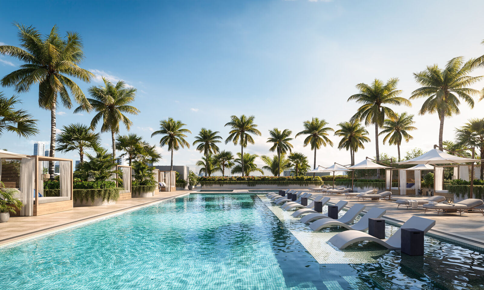 Resort pool and poolside seating at 72 Carlyle, developer rendering